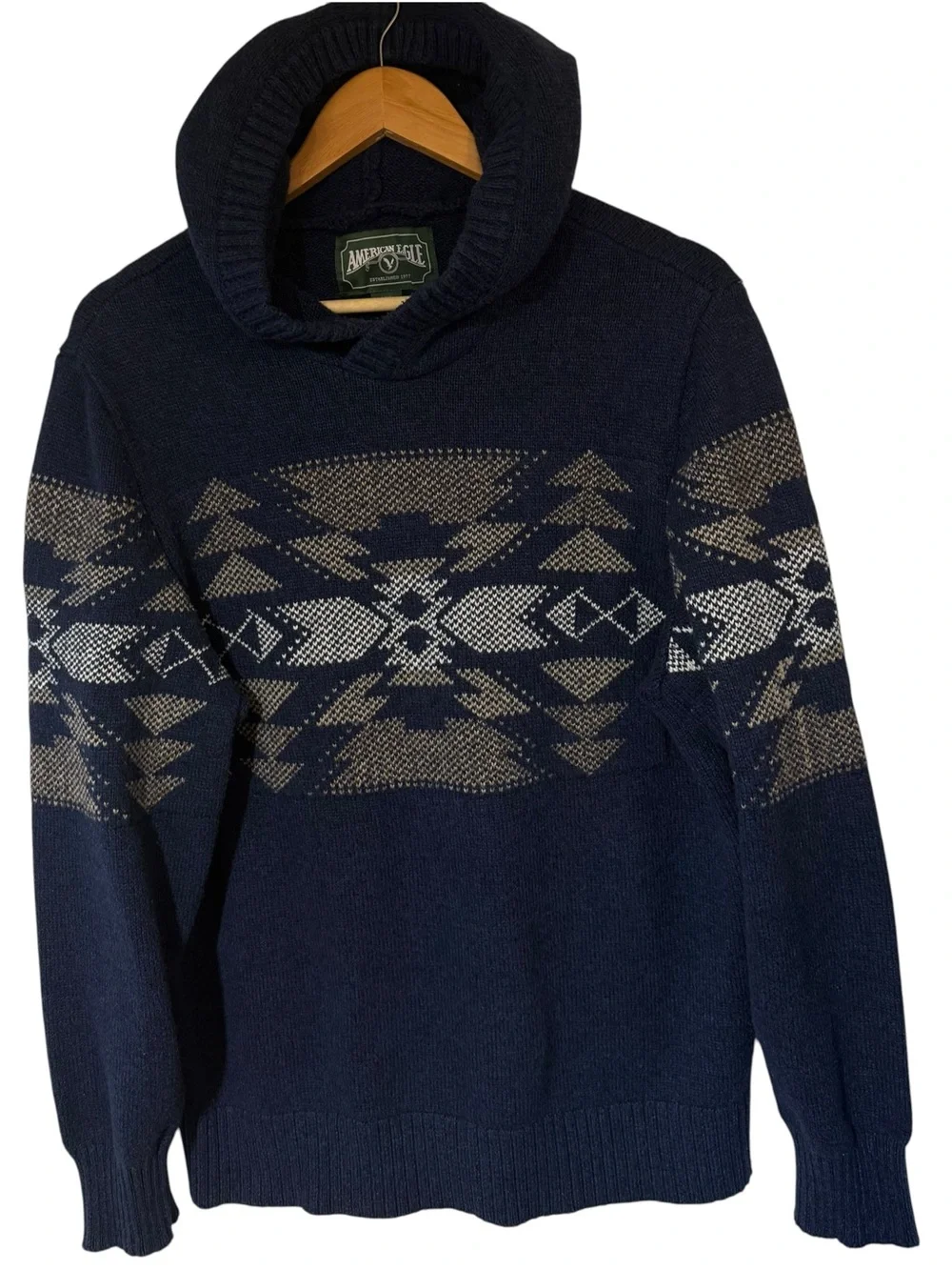 American Eagle Outfitters Men's Aztec Southwest Hooded Sweater Sz L Blue Tan